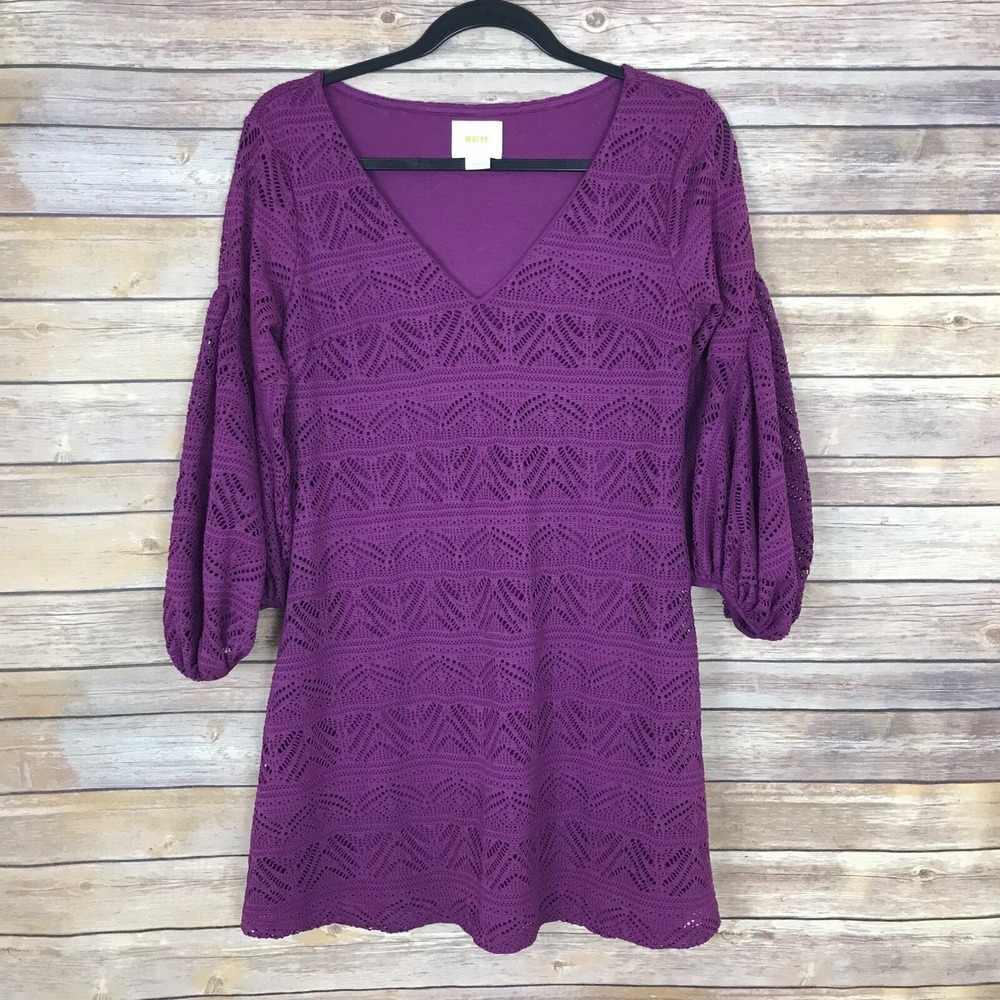 Maeve Dress Womens PXS Purple Lace A-Line Balloon Sleeve Mini V-Neck Pullover